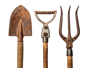 Old gardening tools closeup isolated on transparent background