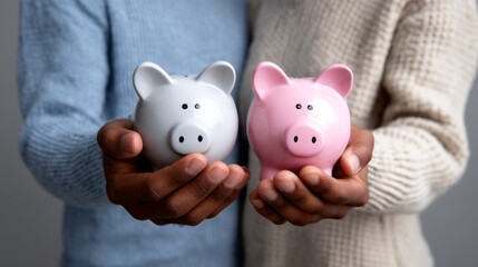 Two people holding two piggy banks, one pink and one gray