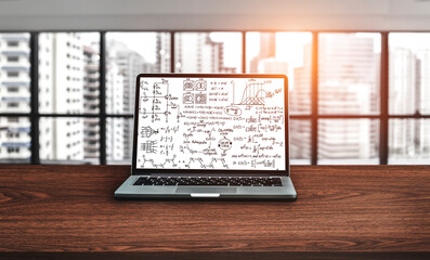 Mathematic equations and modish formula on computer screen showing concept of science and education
