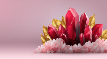Ruby crystals rise majestically from a bed of smaller pink crystals, accented by golden leaves, against a soft pink background creating a beautiful display.