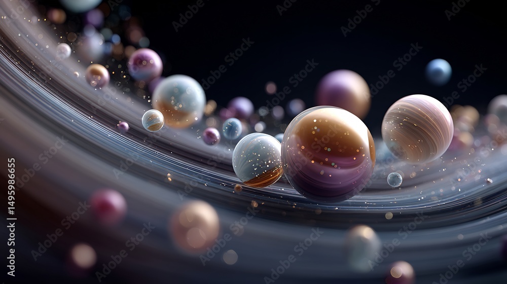 Poster elegant space themed abstract with floating spheres and cosmic dust in a nebula