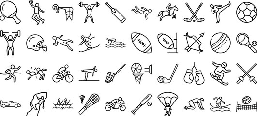 SPORTs - thin line vector icon set. Pixel perfect. The set contains icons: Soccer, Boxing, Basketball, Golf, Swimming, American Football, Tennis, Ice Hockey. cricket Etc icon set