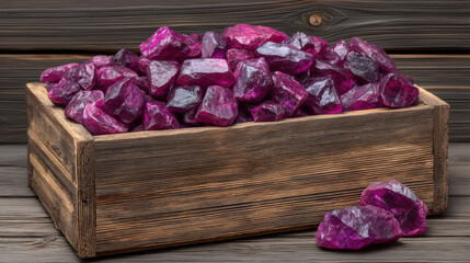A rustic wooden box overflows with vibrant ruby crystals, their raw, angular forms glistening with a deep magenta hue against a weathered wooden backdrop today.