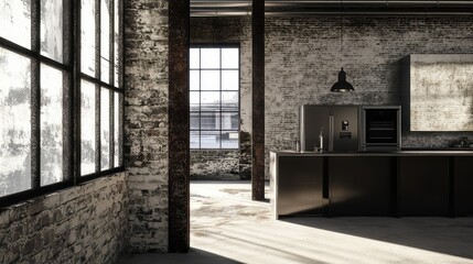 Industrial loft kitchen interior with large windows.