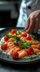 Fresh salmon fillet garnished with cherry tomatoes and basil in a modern kitchen setting