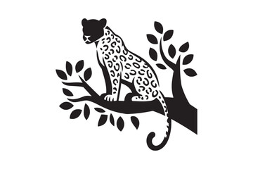 Leopard Silhouette Art on Tree Branch Wild Animal Vector Design