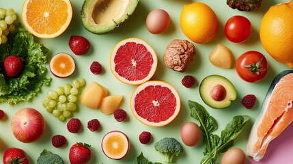 A Colorful symphony of fresh fruits veggies fish and nuts celebrating healthy lifestyle choices on