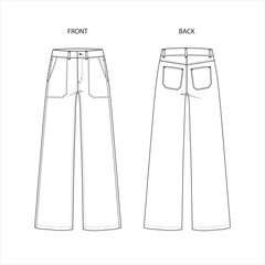 Women's Straight-Leg Jeans – Flat Sketch Template with Clean Waist-to-Ankle Silhouette,CAD,Drawing