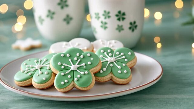 St patrick Concept, Sweet Green Flower Cookies Delicious Dessert Celebration Treats for Every Gathering