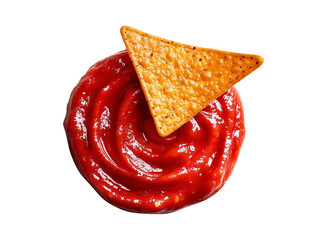 Doritos Chip Dipped in Ketchup on White Background