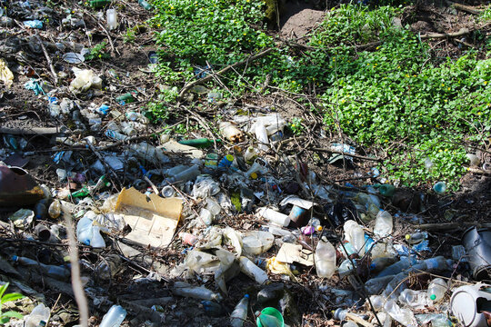 Environmental pollution caused by plastic waste and litter in a natural environment.
