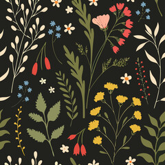 Dark Floral Seamless Pattern: Botanical Illustration with Flowers & Leaves
