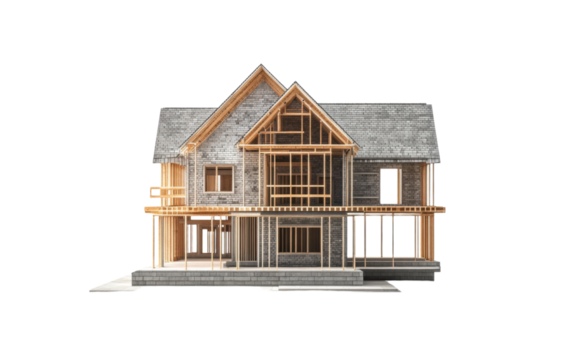 House is being built with a lot of wood and is almost finished