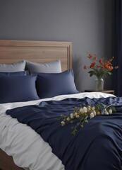 Elegant navy bedding, king size bed, simple flower arrangement bedside ,  bedside table,  petals,  blue