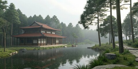 Obraz premium A serene temple nestled by a tranquil lake surrounded by lush green trees and fog
