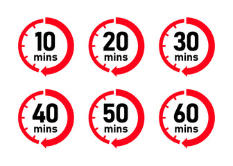 Minute timer icon set with 10, 20, 30, 40, 50 and 60 minutes in red and black color. Timer, countdown, clock, stopwatch vector flat style.