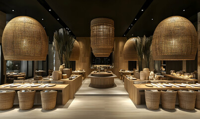 Serene restaurant interior with woven lamps, light wood furniture, and natural textures for an inviting atmosphere