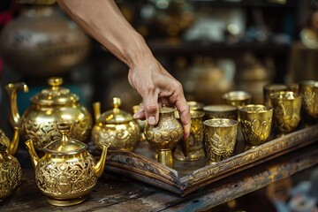 Fototapeta premium Hand Reaching for Ornate Golden Vessels on Wooden Tray Varient 5