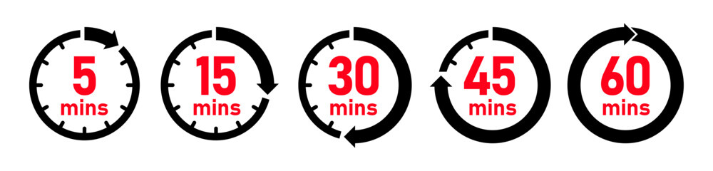 5 15 30 45 60 minute timer icon set. Timer, countdown, clock, stopwatch vector in red and black color flat style.