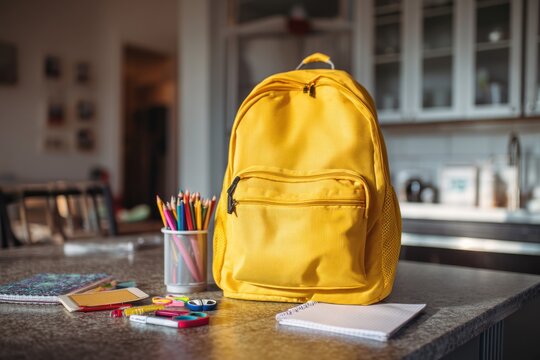 Yellow Backpack and School Supplies Arranged on a Kitchen Counter in a Cozy Environment