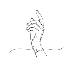 Hand with the word "love" written on the wrist in a minimalist line art style