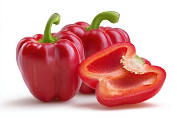 Fresh Red Bell Peppers Vegetables Two Whole One Half Sliced Isolated White Background