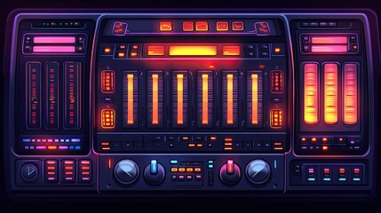 Obraz premium Immersed in sound a vintage audio mixing console glowing with vibrant lights and neon hues with a
