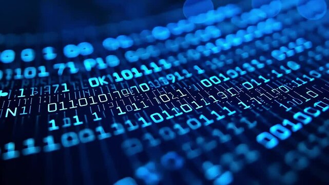 Abstract digital background with electronic binary code stream in dark space. Cybersecurity and futuristic technology concepts, patterns of blue binary code flowing	