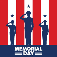 Three silhouette soldiers salute vertically against patriotic red/white stripes, dark blue uniforms, with bold "MEMORIAL DAY" banner. Minimalist, solemn tribute in flat vector style, honoring service 