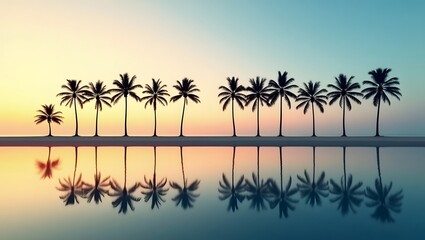 Fototapeta premium Tropical Paradise Silhouette: A serene view of the beach, featuring silhouette palm trees reflecting beautifully in calm waters.