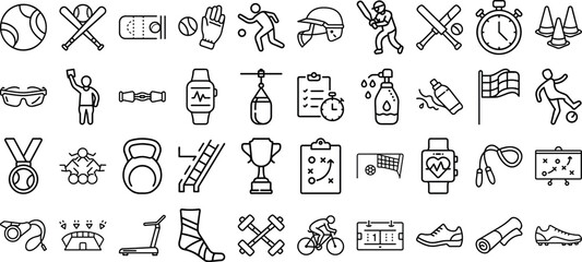 Fitness and Workout Line Icons. Editable Stroke. Pixel Perfect. For Mobile and Web. Contains such icons as Bodybuilding, Heartbeat, Swimming, Cycling, Running, Diet. Etc Sports Icon set.