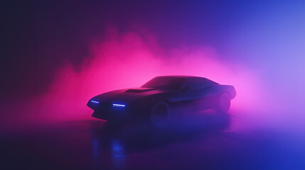 Futuristic sports car in neon pink and blue smoke, retro vibes and cyberpunk mood