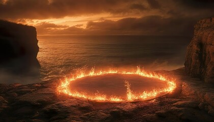 Fire circle podium product placement on the sea water crafted with glowing fire effects for dramatic appeal.