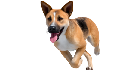 Dog running at full speed with tongue out and ears flapping, realistic shadows, isolated on transparent background