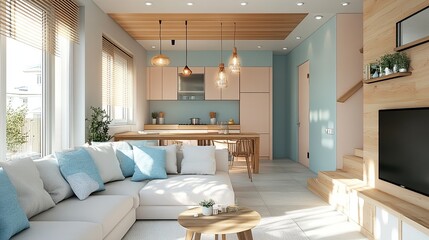 Fototapeta premium A serene pastel toned living space bathed in sunlight a contemporary retreat of comfort and style