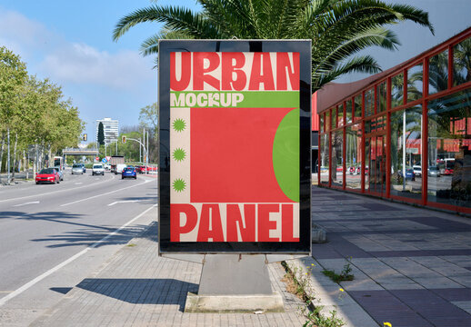 Blank advertising panel on urban street in Barcelona city.