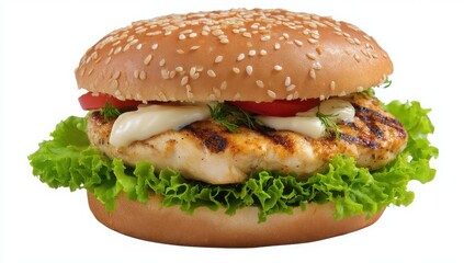 Delicious Grilled Chicken Burger with Sesame Bun Lettuce Tomato and Mayonnaise