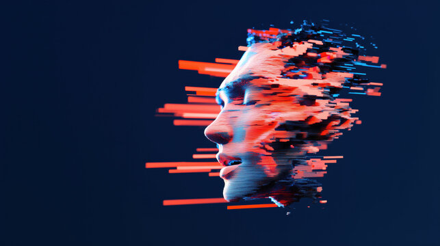 Abstract 3D profile of a fragmented human face dissolving into red and blue digital particles on dark background, concept of identity, technology and artificial intelligence