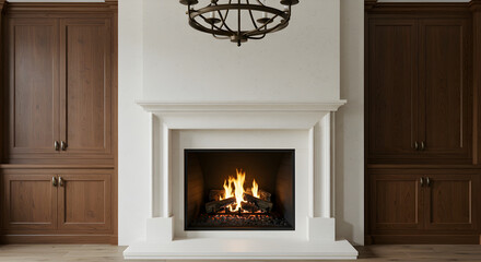 Inviting Warmth White Fireplace with Built In Cabinets and Chandelier