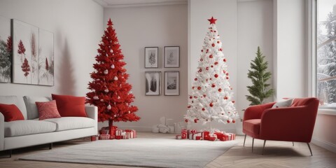 Modern minimalist white & red Christmas tree in contemporary living room , modern christmas, holiday, contemporary