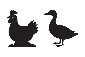Chicken and Duck Silhouette Clipart Farm Animal Vector Design