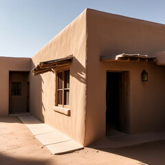 Desert sunlight hitting the corner of an adobe building with minimal shadows