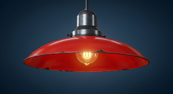 Aged Red Industrial Lamp Hanging Against A Dark Teal Background