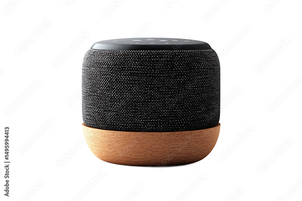 Poster a close up shot of a black speaker with a wooden base on a black background in a studio setting