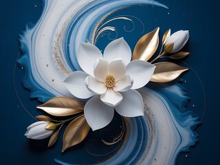 Exquisite White Magnolia with Gold Accents on a Blue Abstract Background