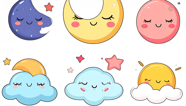 Six kawaii celestial bodies (moons, clouds, sun) with closed eyes and rosy cheeks, accompanied by stars - Powered by Adobe
