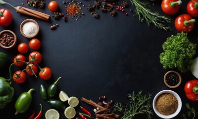 Aromatic Spices and Fresh Vegetables on Dark Background