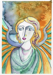 Vibrant Watercolor Angel. Ethereal Guardian with Radiant Wings, hand-made