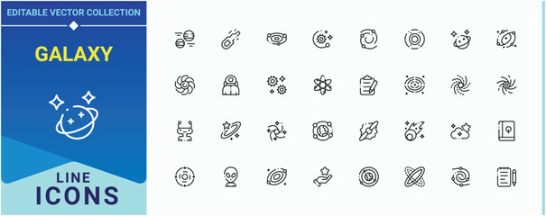 Galaxy icon collection. Contain linear symbols moon, star, meteor, ship, science and more. Galaxies related icon set. Minimalist linear icons. Editable vector. Pixel perfect.