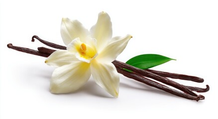 Fresh Vanilla Beans with Blooming Flower and Leaf High quality image of vanilla plant